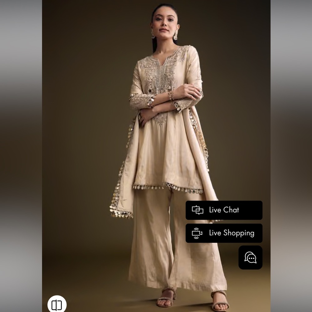 Beige Tissue Palazzo Suit With Mirror And Zari Embroidery